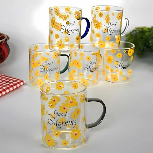 لیوان پیرکس دستهدار طرح گل بابونه Good Morning (بسته ۶ عددی)
