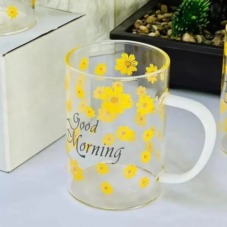 لیوان پیرکس دستهدار طرح گل بابونه Good Morning (بسته ۶ عددی)