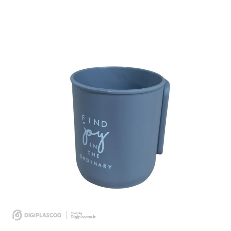 لیوان دستهتاشو زیبا مدل کاژ رنگ آبی طوسی با نوشته FIND JOY IN THE ORDINARY