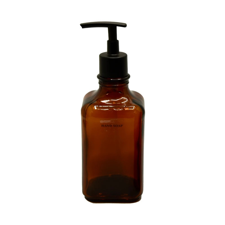 بطری شیشهای قهوهای یونیک با عنوان چاپ شده HAND SOAP