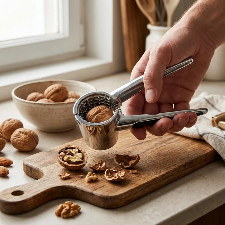 نحوه استفاده از گردوشکن فنردار یونیک برای شکستن گردو روی تخته چوبی
