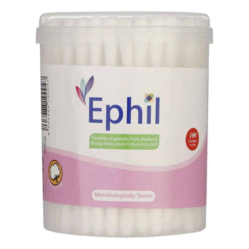 قوطی استوانه‌ای شفاف گوش پاک‌کن ۱۰۰ عددی افیل مدل Natural از نمای روبرو